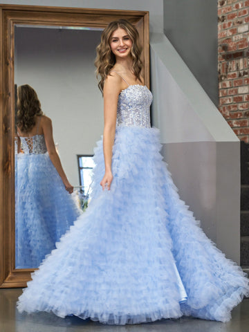 Robe de bal longue bleu ciel en tulle à sequins et sequins, coupe trapèze, à volants
