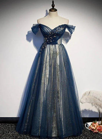 Vestido de fiesta azul con escote corazón y hombros descubiertos, de tul brillante con cuentas, vestido de noche azul para baile de graduación