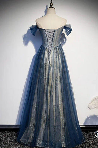 Vestido de fiesta azul con escote corazón y hombros descubiertos, de tul brillante con cuentas, vestido de noche azul para baile de graduación