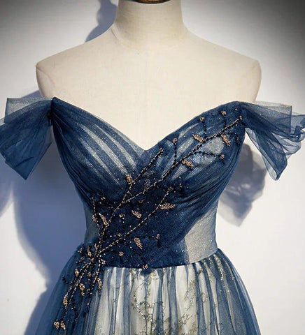 Vestido de fiesta azul con escote corazón y hombros descubiertos, de tul brillante con cuentas, vestido de noche azul para baile de graduación