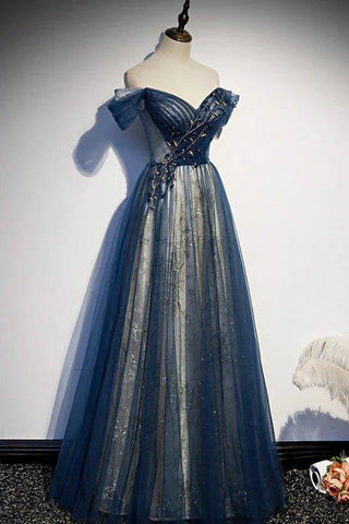 Vestido de fiesta azul con escote corazón y hombros descubiertos, de tul brillante con cuentas, vestido de noche azul para baile de graduación