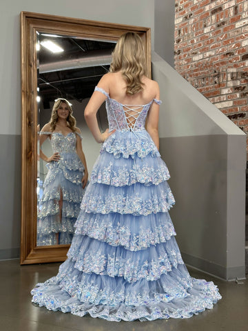 Capri | Blue Crystal Sequins Princess A Line Off the Shoulder Prom Dress with Lace Ruffles
