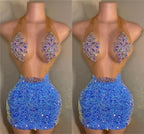 Blue Halter Sleeveless Short Prom Dresses With Sequins Beads