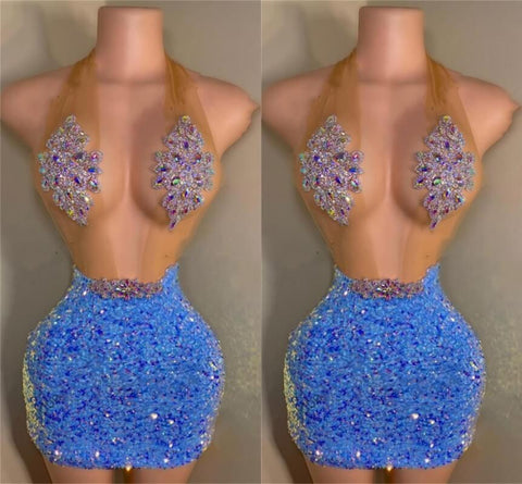 Blue Halter Sleeveless Short Prom Dresses With Sequins Beads