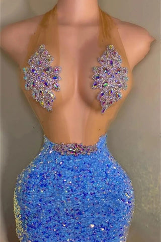 Blue Halter Sleeveless Short Prom Dresses With Sequins Beads