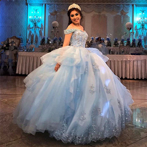 Robe de bal longue bleue en tulle à épaules dénudées pour quinceañera