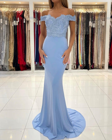Blue Off-the-shoulder Long Mermaid Prom Dresses With Lace