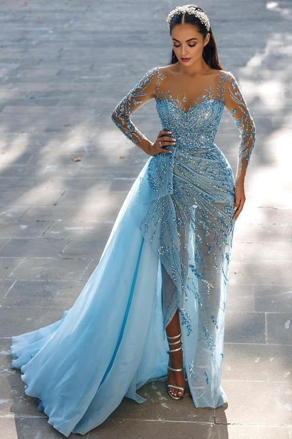 Vestido de fiesta largo de sirena, modesto, con escote corazón, abertura frontal brillante y mangas.
