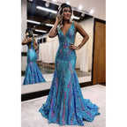 Blue Sequin Lace V Neck Mermaid Long Prom Dresses