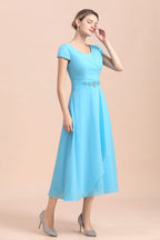 Vestido azul de gasa de manga corta para la madre de la novia, largo té, disponible en línea