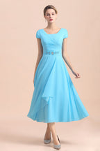 Vestido azul de gasa de manga corta para la madre de la novia, largo té, disponible en línea