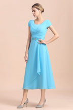 Vestido azul de gasa de manga corta para la madre de la novia, largo té, disponible en línea