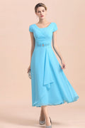 Vestido azul de gasa de manga corta para la madre de la novia, largo té, disponible en línea