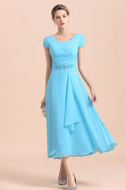 Vestido azul de gasa de manga corta para la madre de la novia, largo té, disponible en línea