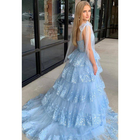 Vestido de noche largo con escote en V y apliques de ilusión de lentejuelas en azul