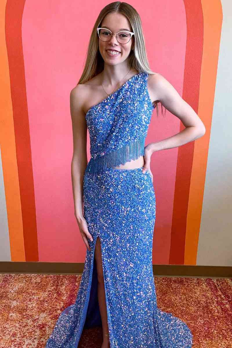 Two Piece Sequined One Shoulder Long Party Dress with Tassel