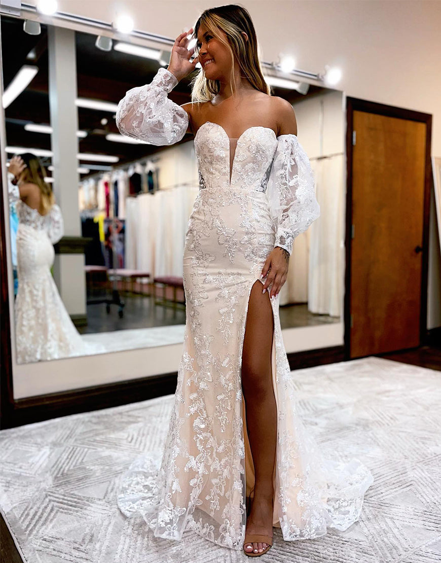 Alexandria | Vestido de graduación de encaje con escote corazón y mangas desmontables