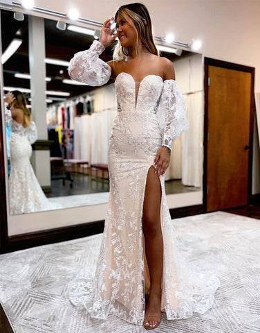 Robe de bal sirène en dentelle à décolleté cœur et manches amovibles