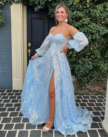 Robe de bal trapèze en dentelle à manches longues