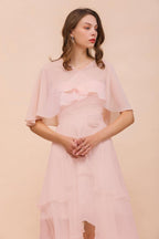 Vestido de dama de honor rosa rubor, largo hasta la rodilla, sencillo vestido de fiesta de gasa para niñas con drapeados