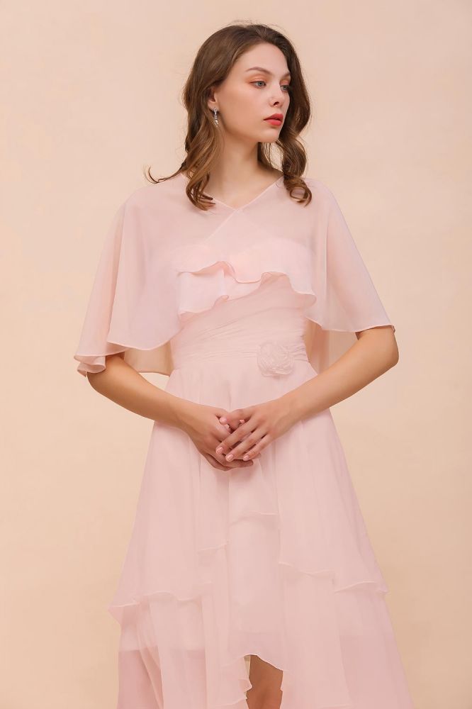 Vestido de dama de honor rosa rubor, largo hasta la rodilla, sencillo vestido de fiesta de gasa para niñas con drapeados