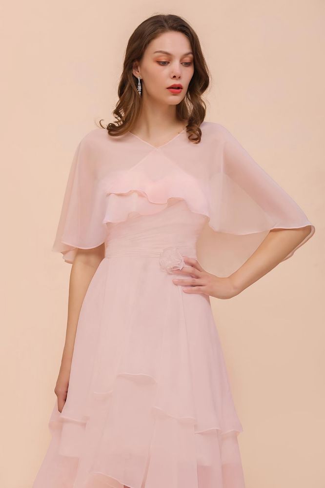Vestido de dama de honor rosa rubor, largo hasta la rodilla, sencillo vestido de fiesta de gasa para niñas con drapeados