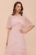Vestido de dama de honor rosa rubor, largo hasta la rodilla, sencillo vestido de fiesta de gasa para niñas con drapeados
