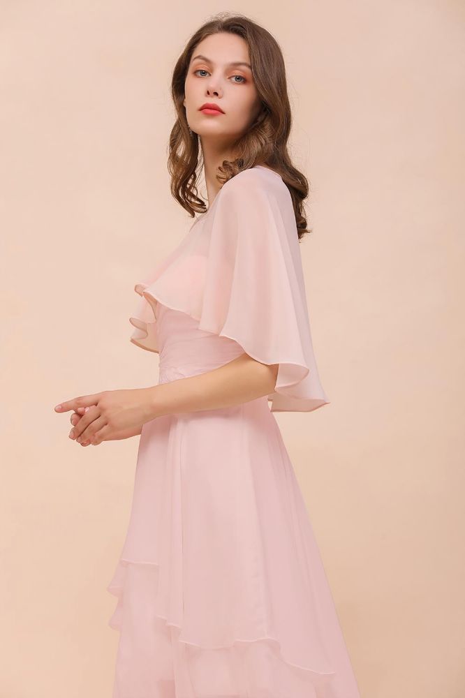 Vestido de dama de honor rosa rubor, largo hasta la rodilla, sencillo vestido de fiesta de gasa para niñas con drapeados