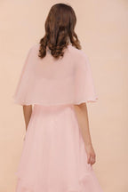 Vestido de dama de honor rosa rubor, largo hasta la rodilla, sencillo vestido de fiesta de gasa para niñas con drapeados