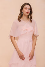 Vestido de dama de honor rosa rubor, largo hasta la rodilla, sencillo vestido de fiesta de gasa para niñas con drapeados