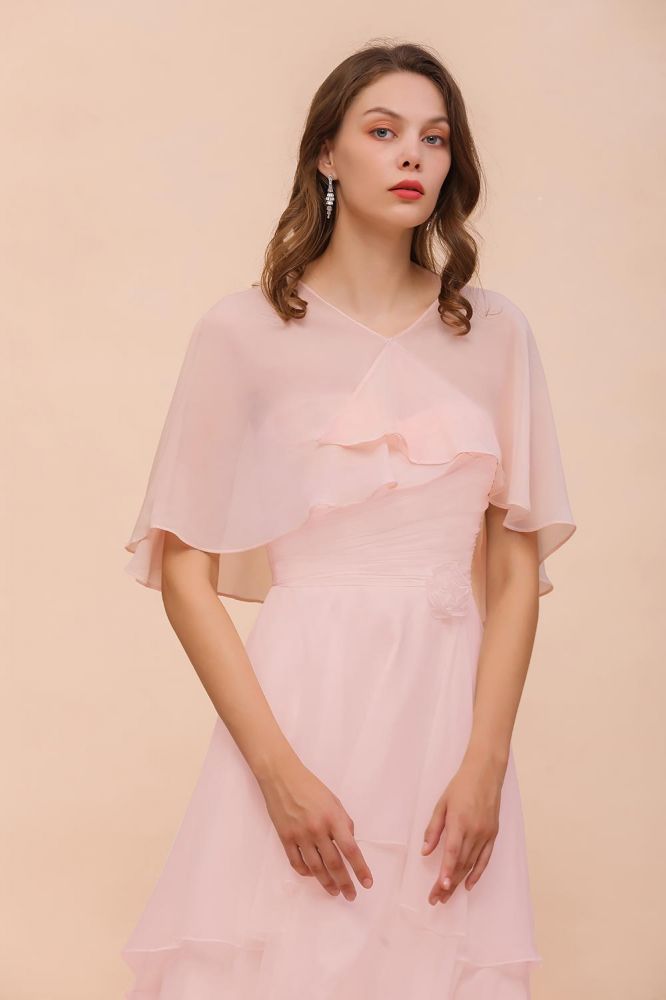 Vestido de dama de honor rosa rubor, largo hasta la rodilla, sencillo vestido de fiesta de gasa para niñas con drapeados