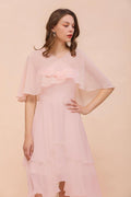 Vestido de dama de honor rosa rubor, largo hasta la rodilla, sencillo vestido de fiesta de gasa para niñas con drapeados