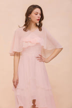 Vestido de dama de honor rosa rubor, largo hasta la rodilla, sencillo vestido de fiesta de gasa para niñas con drapeados