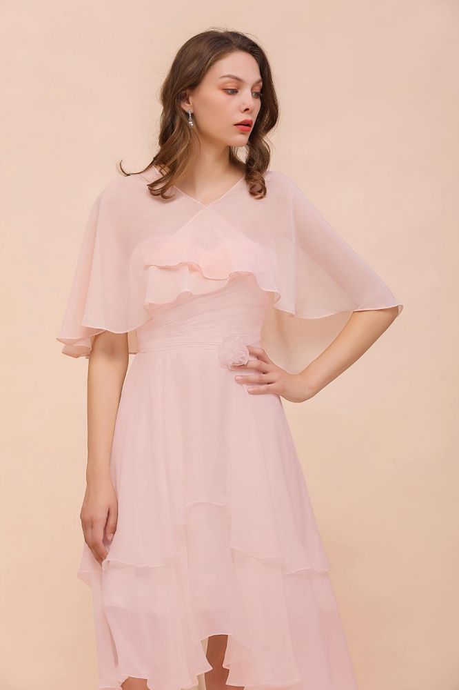 Vestido de dama de honor rosa rubor, largo hasta la rodilla, sencillo vestido de fiesta de gasa para niñas con drapeados