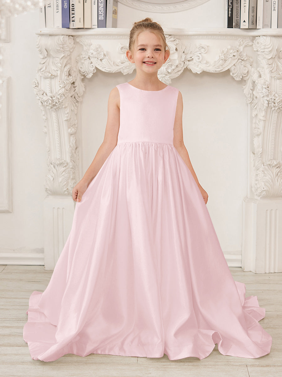 Vestido de niña de las flores de satén sin mangas, corte princesa, con cola y lazo. 