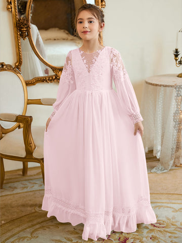 Vestido de Primera Comunión color marfil, corte en A, de gasa hasta el suelo 