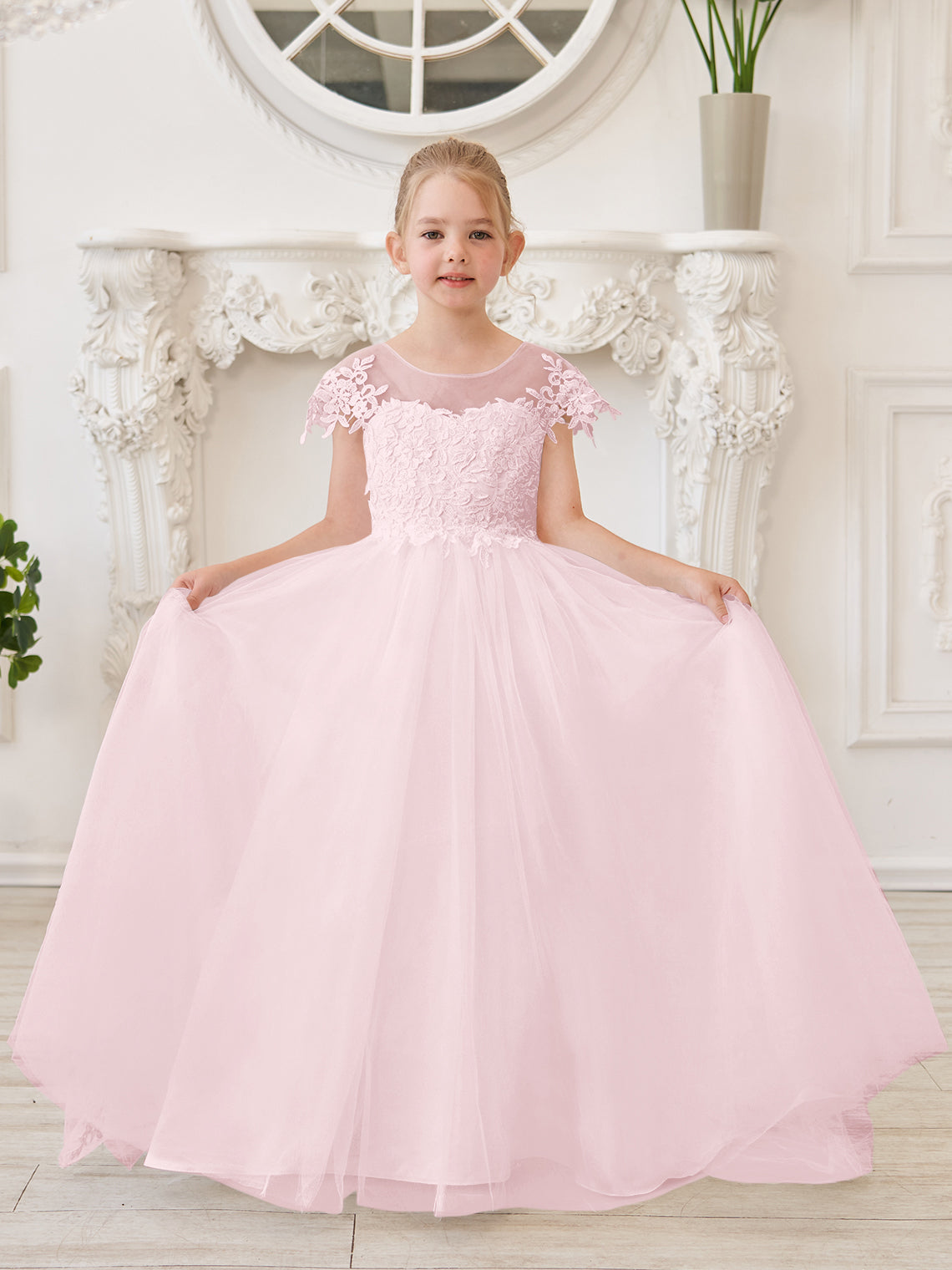 Vestido de niña de las flores para la Primera Comunión, color marfil, con cola desmontable estilo princesa. 