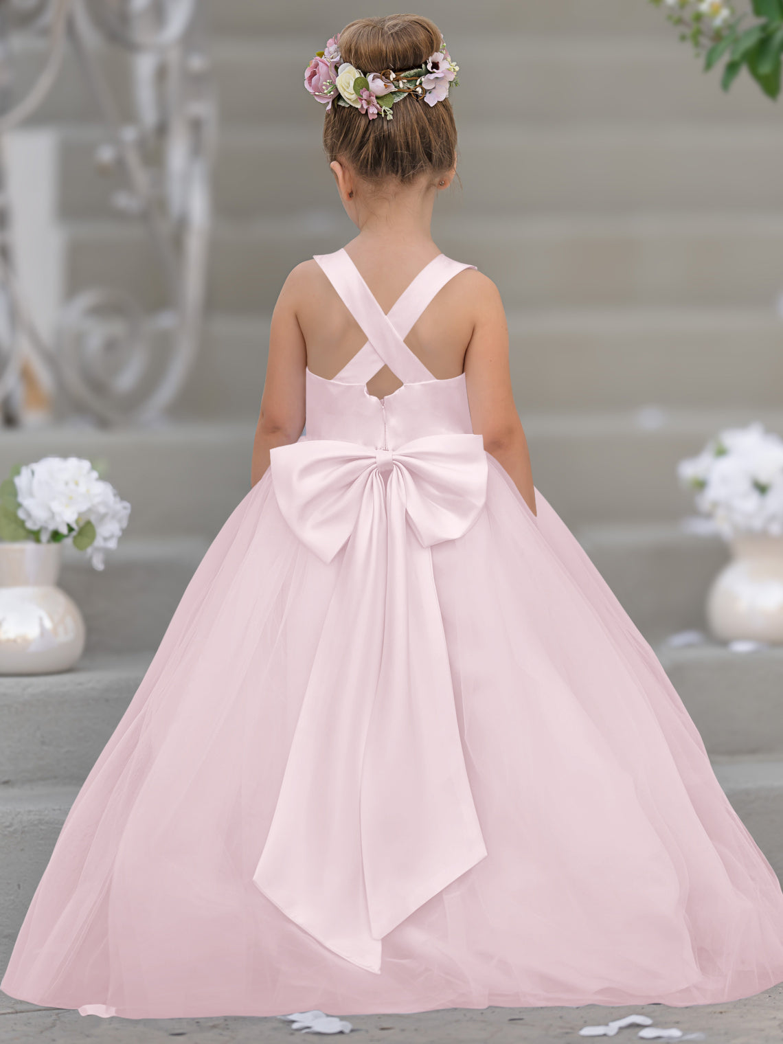 Vestido de niña de las flores clásico de corte en A sin mangas en satén y tul 