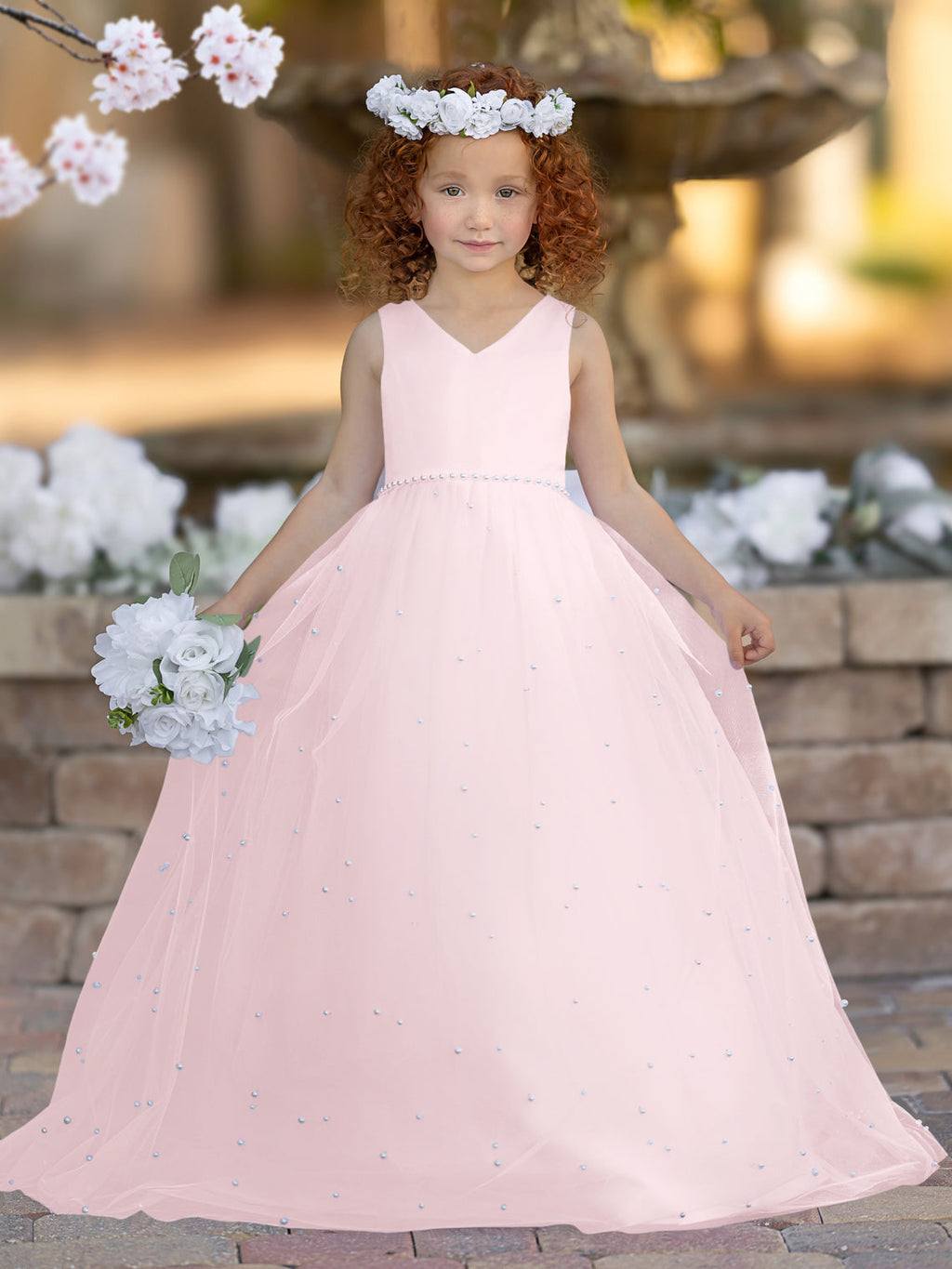 Elegante vestido de princesa de satén y tul para niña de las flores 