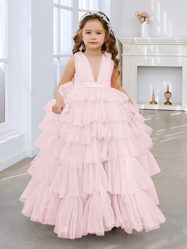 Vestido de princesa estilo princesa, rosa perla, sin mangas, de tul con lazo (010220814) 