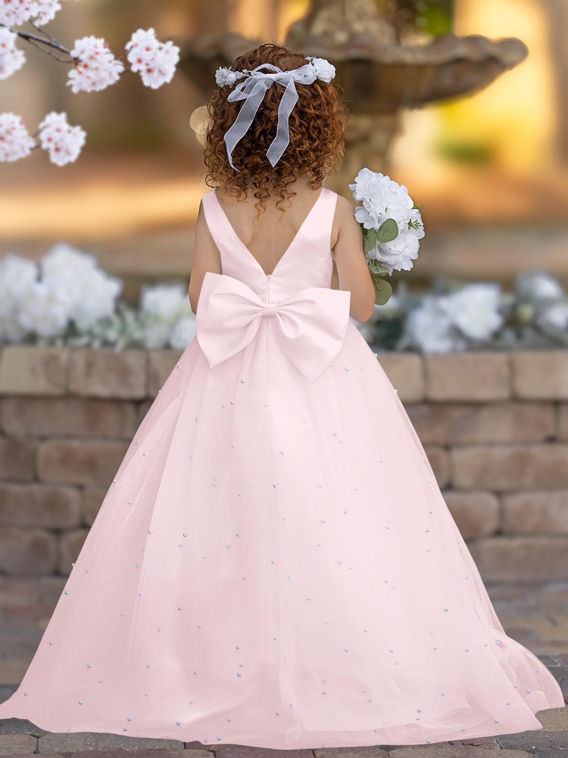 Elegante vestido de princesa de satén y tul para niña de las flores 