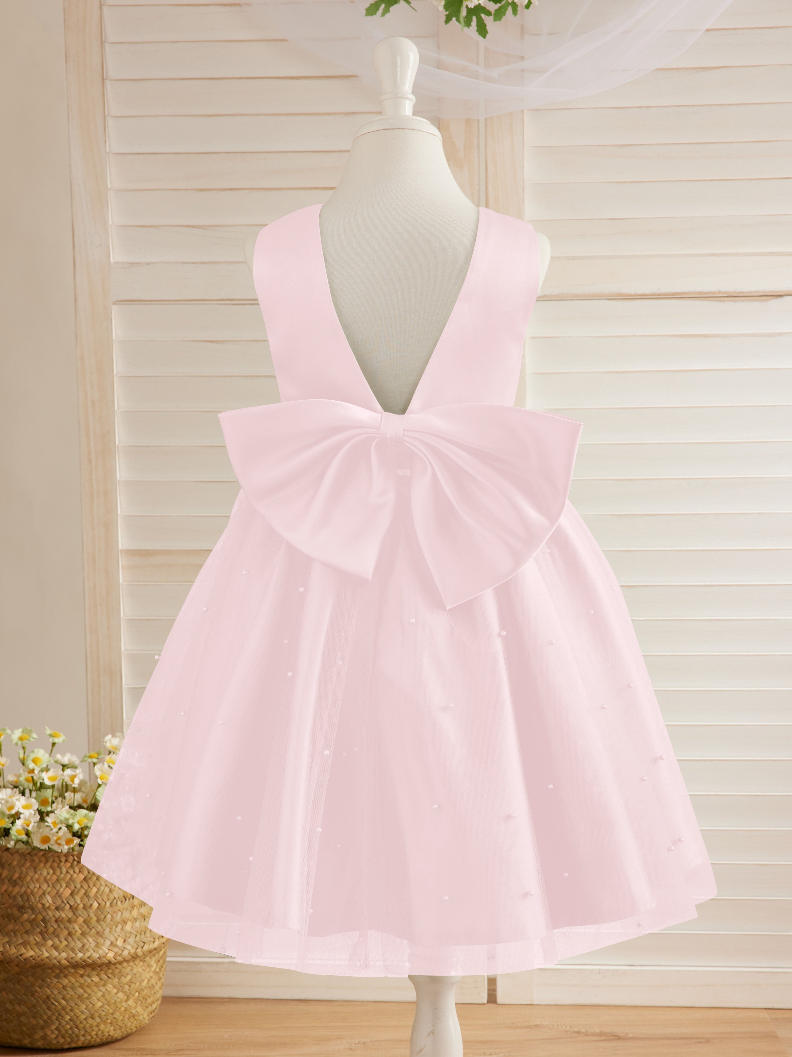 Vestido de princesa/vestido de princesa de satén y tul hasta la rodilla para niña de las flores 