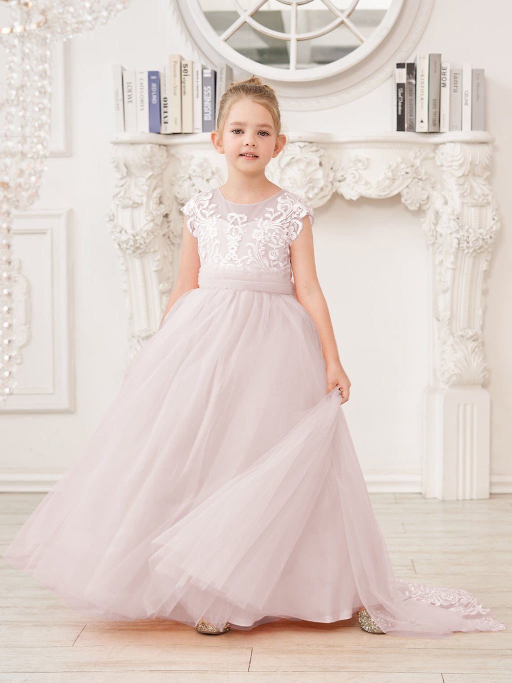 Vestido rosa de niña de las flores, corte en A, encaje, tul y cola corta 