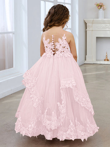 Robe de princesse sans manches en tulle avec applications de dentelle et traîne pour filles 