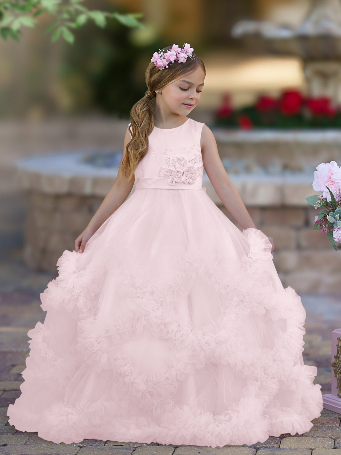 Vestido de niña de las flores de corte A, de satén y tul, hasta el suelo, con volantes en cascada. 