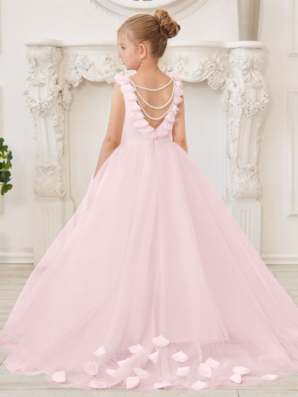 Elegante vestido blanco de tul para niña de las flores con cola corta 