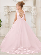Elegante vestido blanco de tul para niña de las flores con cola corta 