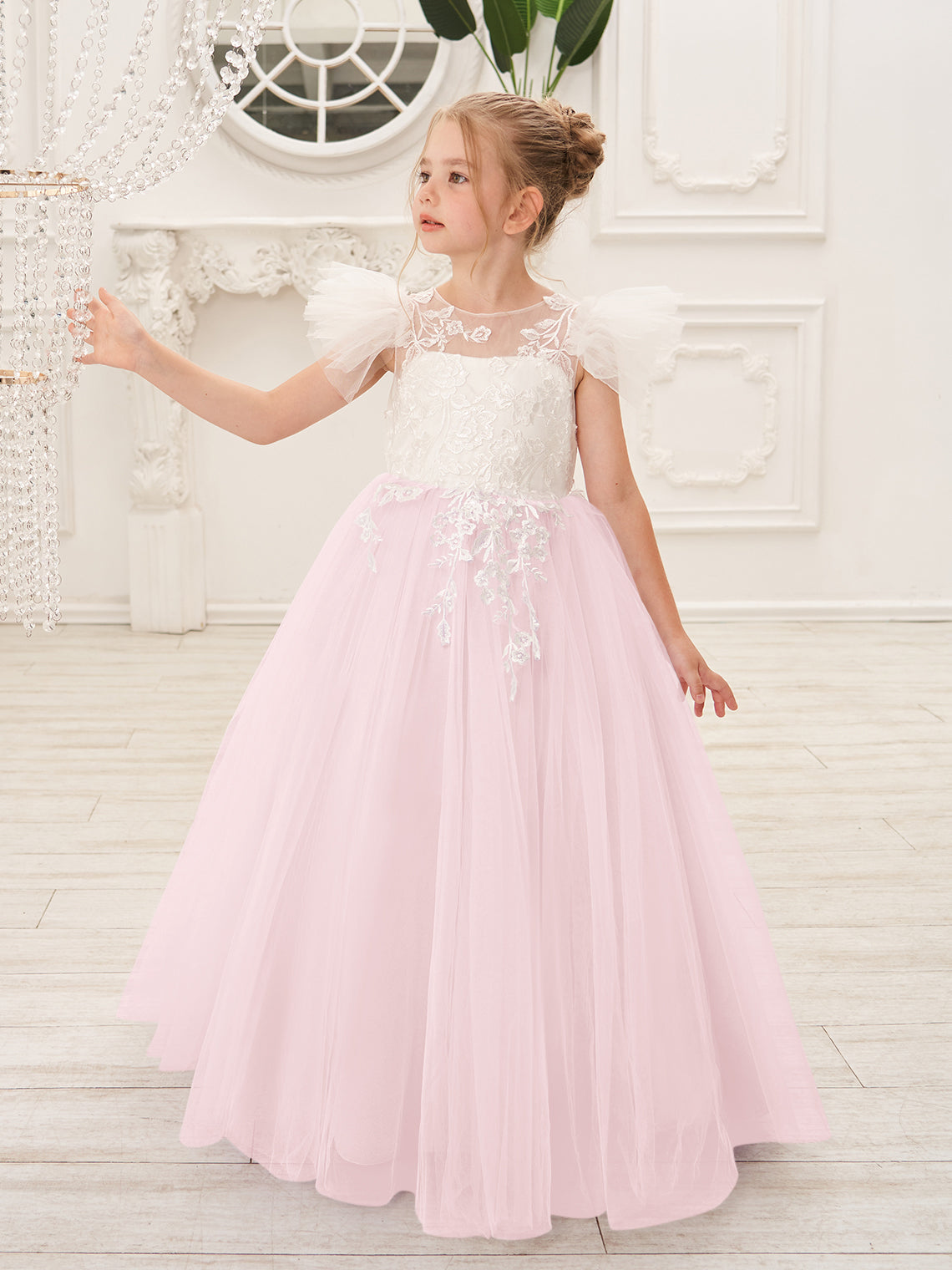 Vestido de niña de las flores con cola de tul y encaje desmontable 