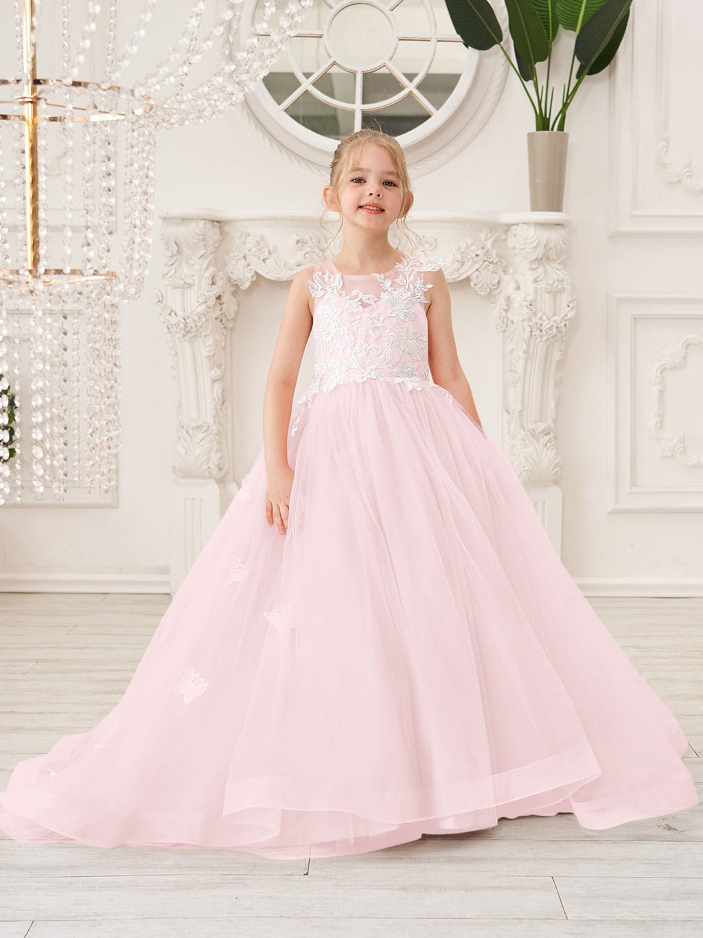 Elegante vestido de princesa sin mangas de tul para niña de las flores, corte en A 