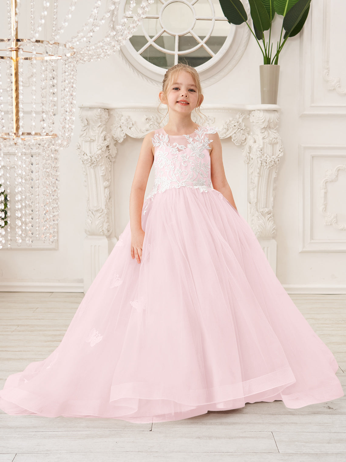 Elegante vestido de princesa sin mangas de tul para niña de las flores, corte en A 